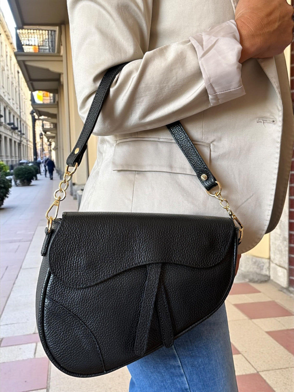 Asymmetrical Genuine Pebbled Leather Saddle Flap Bag – Quiet Luxury