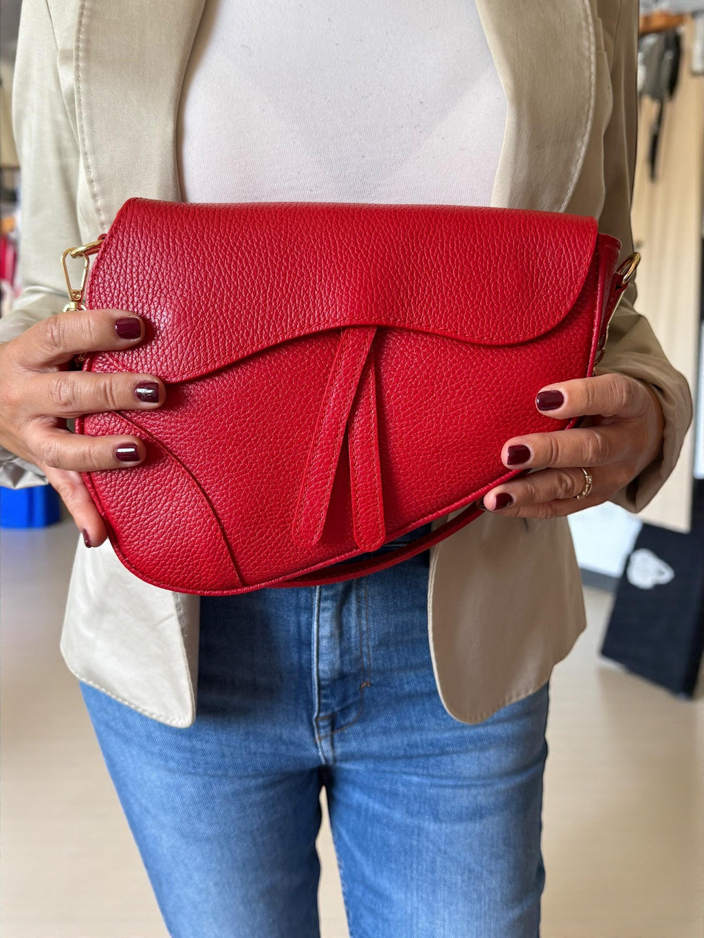 Asymmetrical Genuine Pebbled Leather Saddle Flap Bag – Quiet Luxury