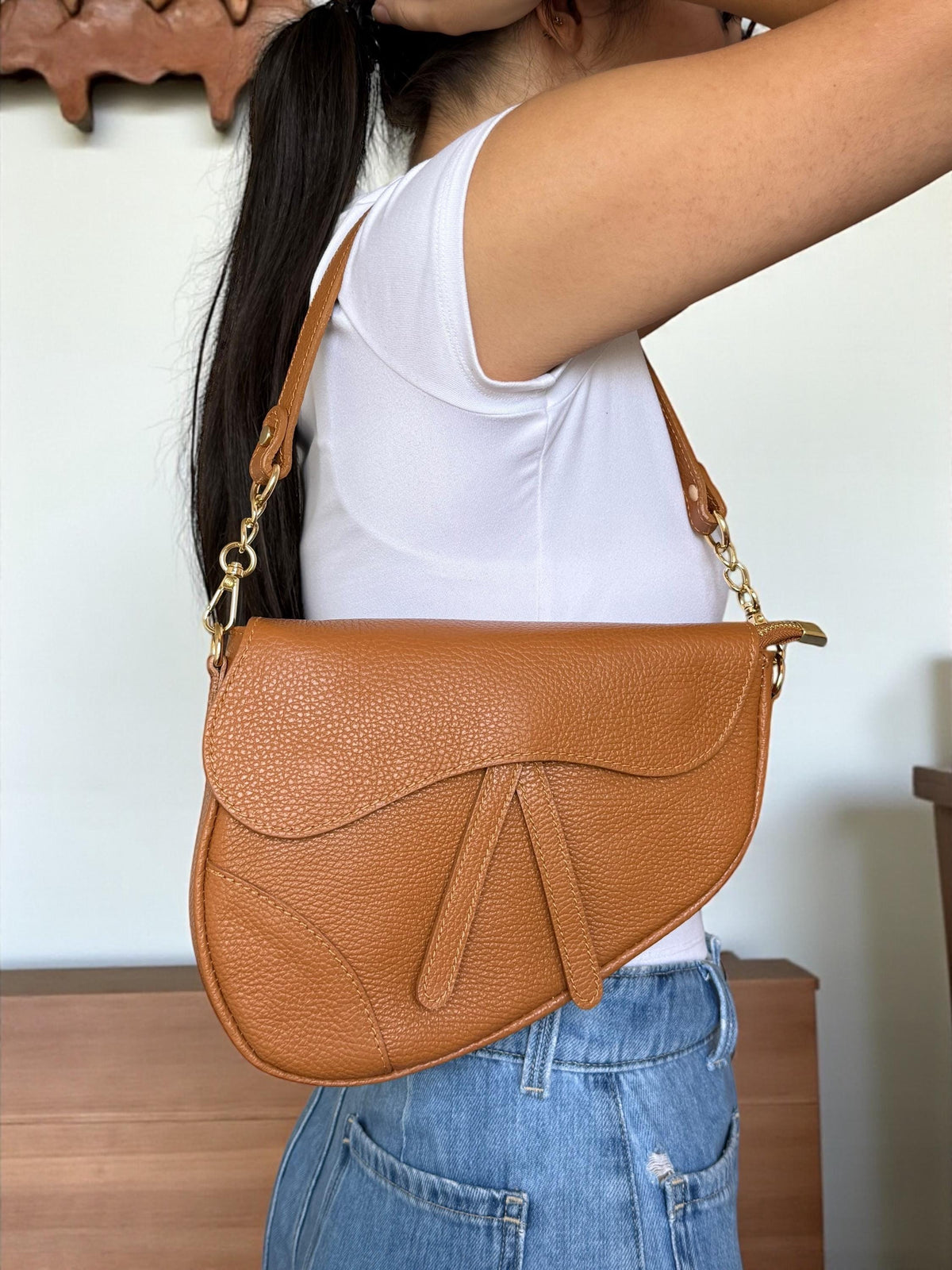 Asymmetrical Genuine Pebbled Leather Saddle Flap Bag – Quiet Luxury