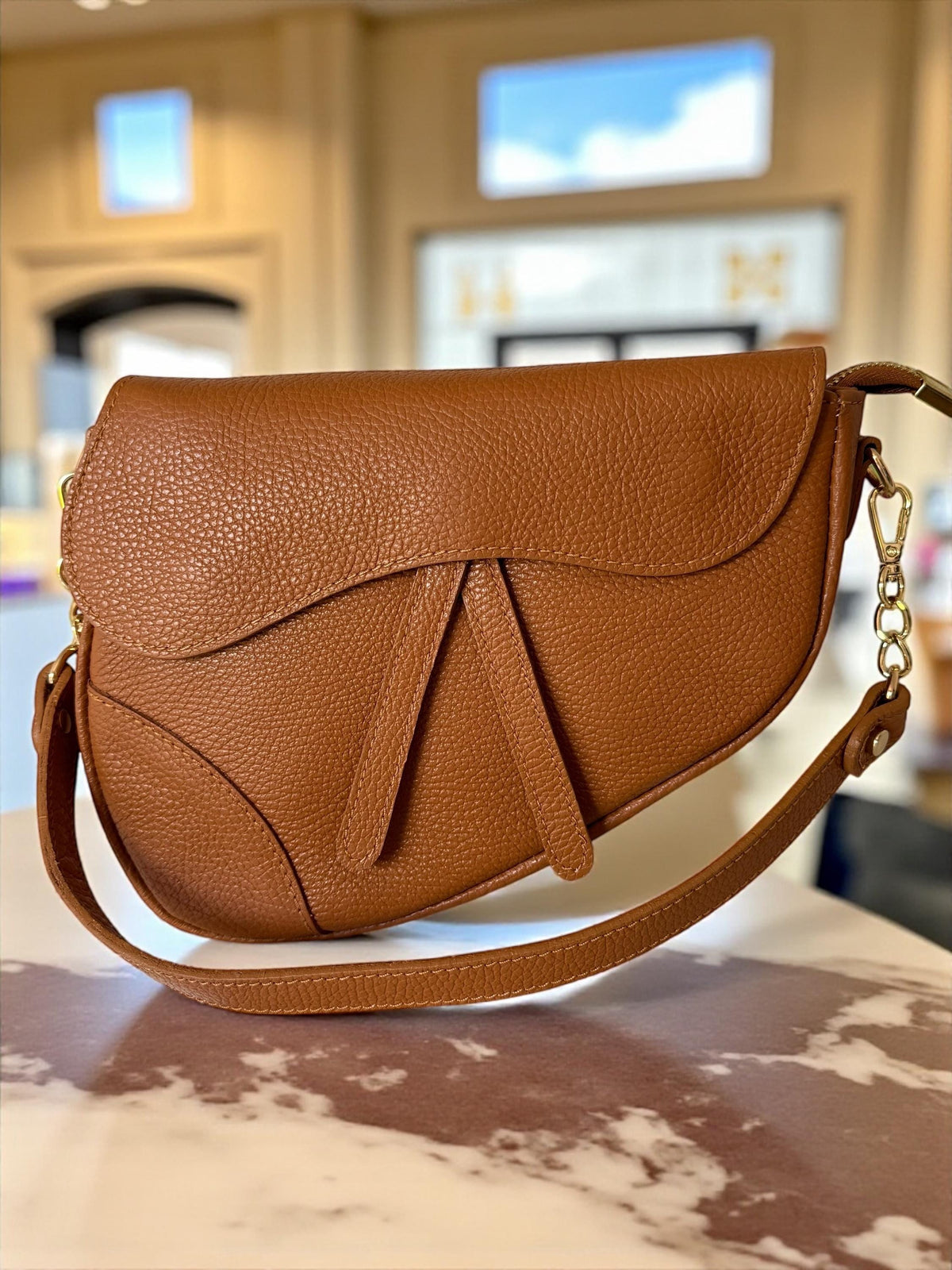 Asymmetrical Genuine Pebbled Leather Saddle Flap Bag – Quiet Luxury