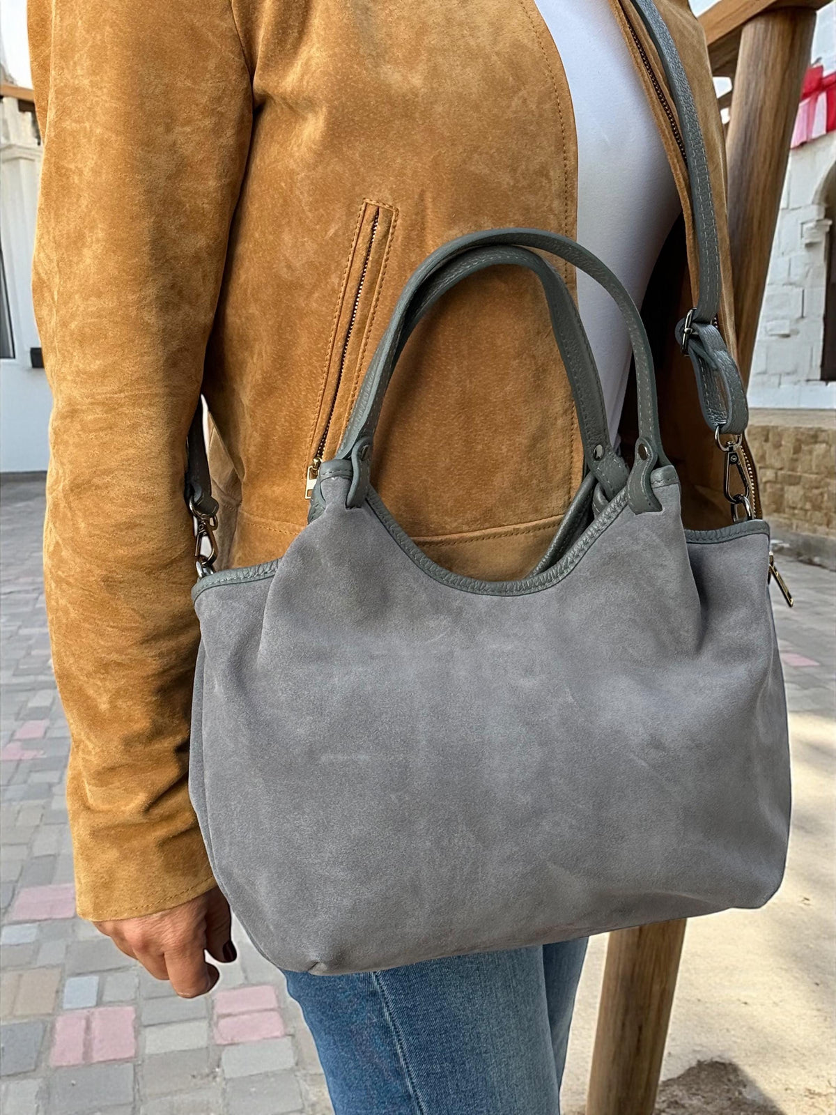 Grey Suede and Leather Shopper Bag