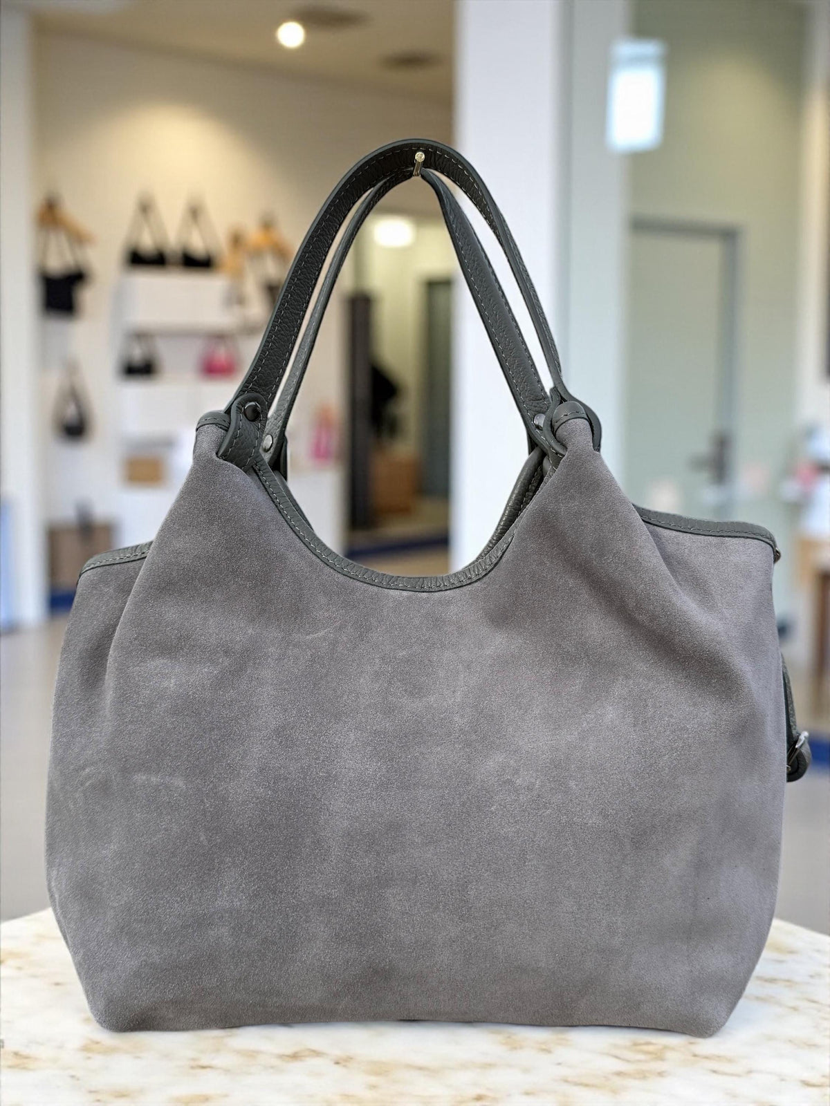 Grey Suede and Leather Shopper Bag
