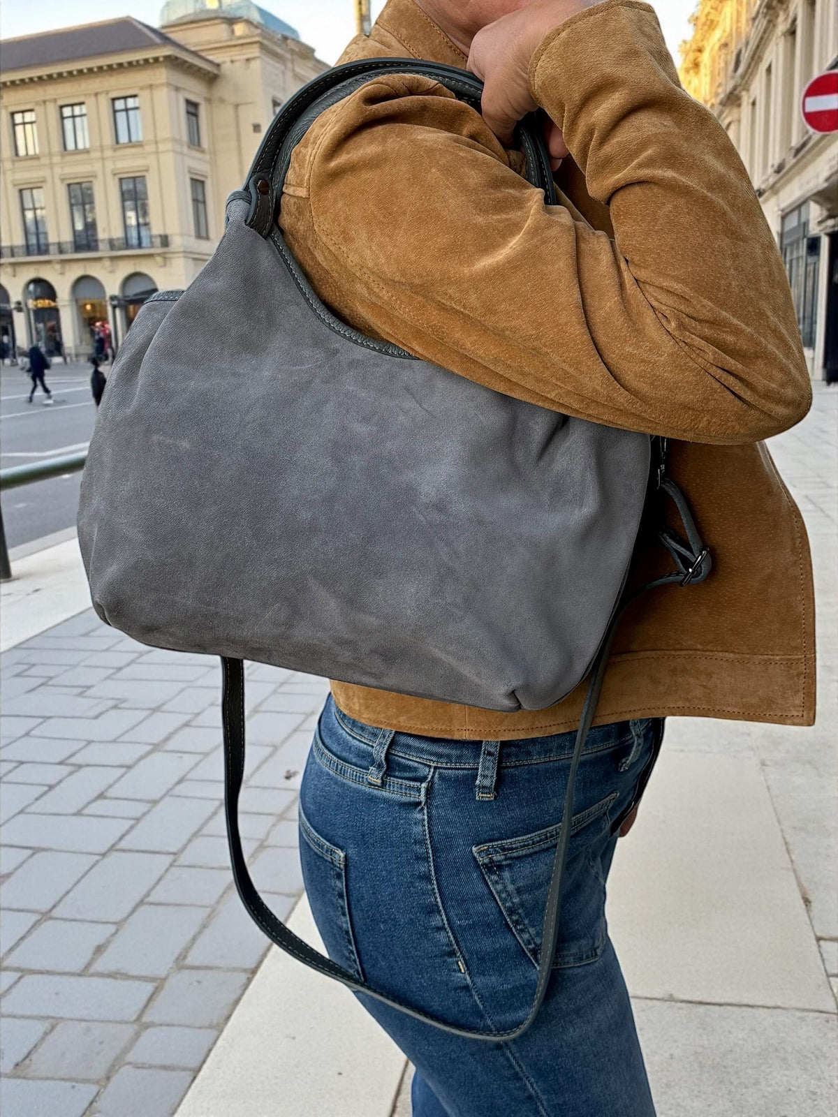Grey Suede and Leather Shopper Bag
