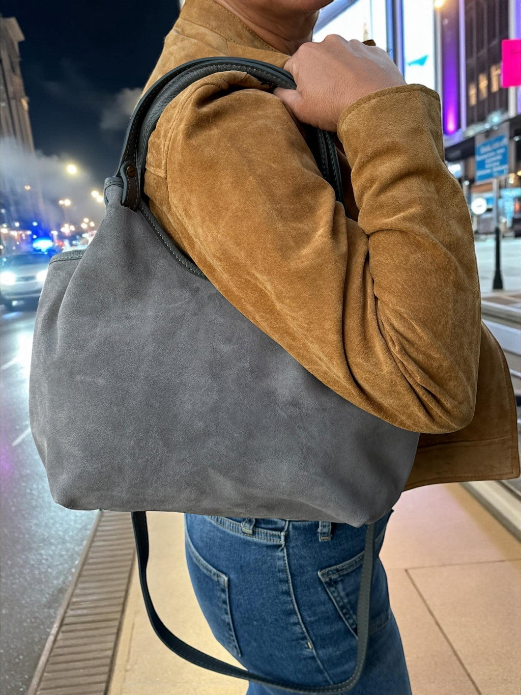 Grey Suede and Leather Shopper Bag