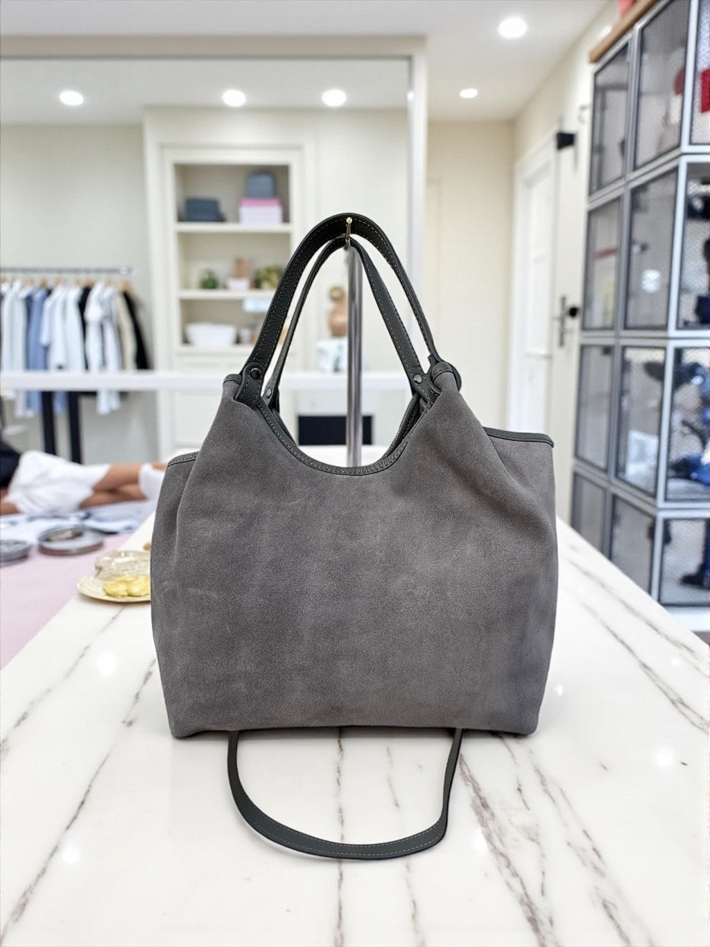 Grey Suede and Leather Shopper Bag