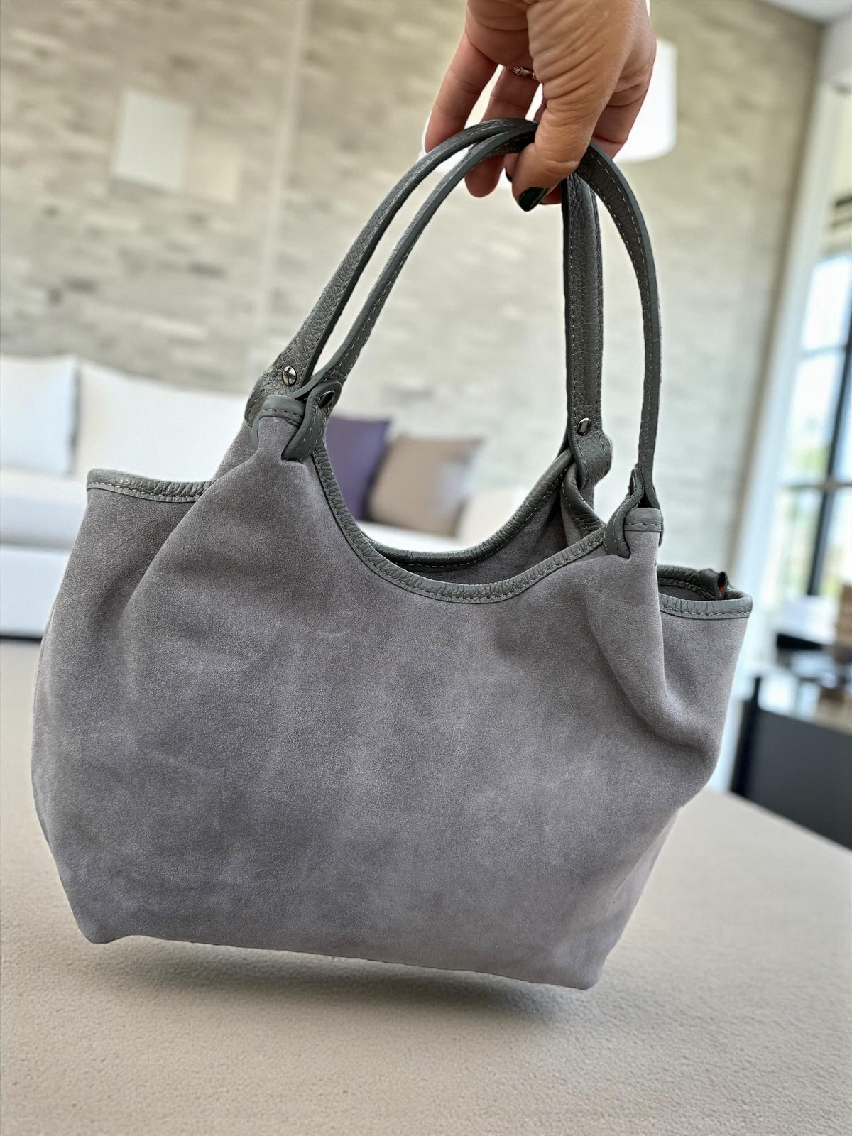 Grey Suede and Leather Shopper Bag