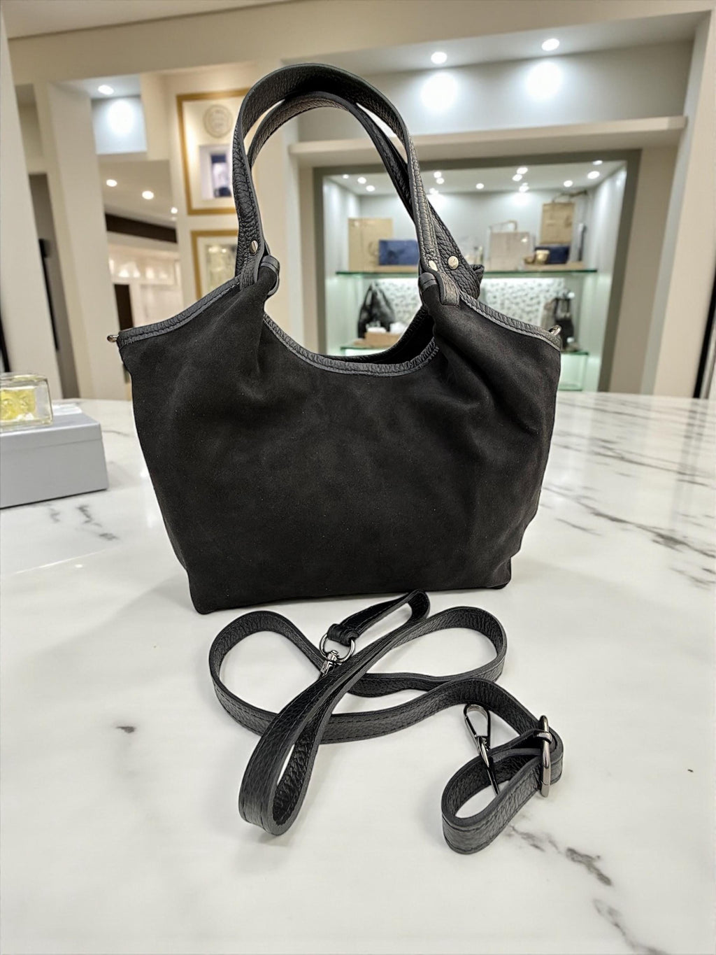 Grey Suede and Leather Shopper Bag