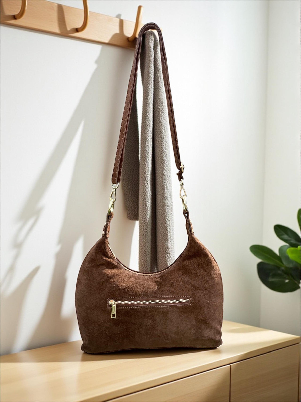 Brown Suede Shoulder Bag with Gold Eyelets