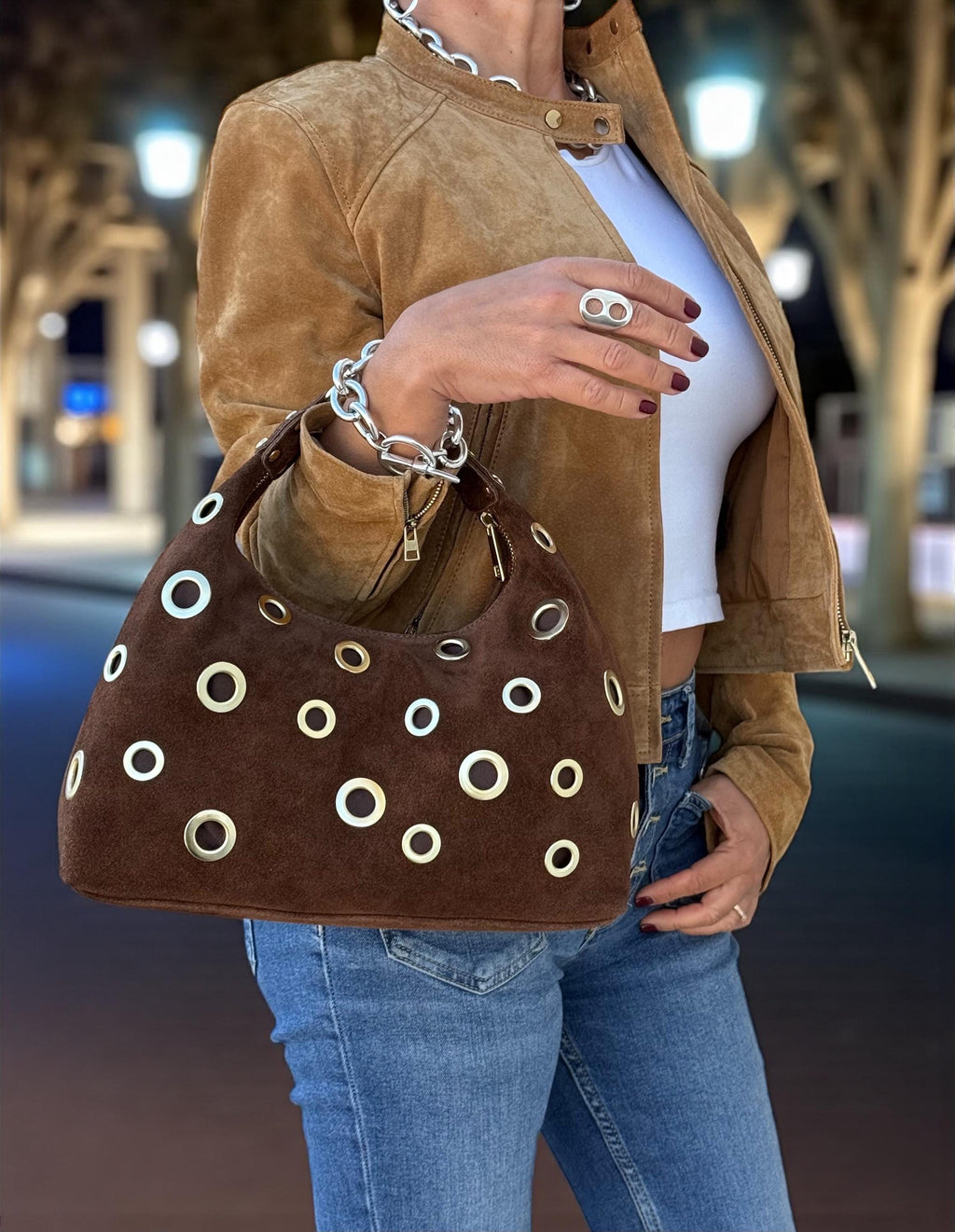 Brown Suede Shoulder Bag with Gold Eyelets