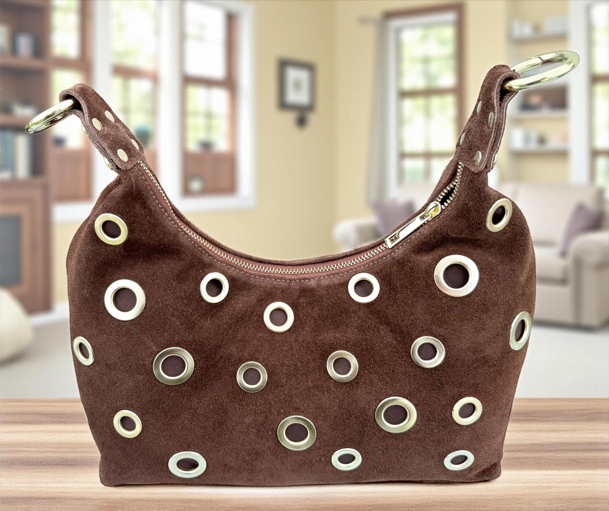 Brown Suede Shoulder Bag with Gold Eyelets