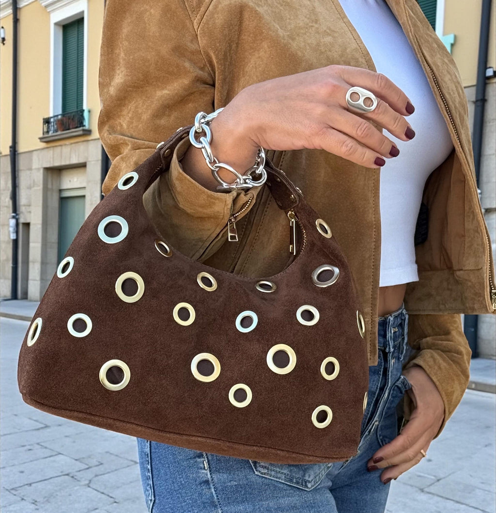Brown Suede Shoulder Bag with Gold Eyelets