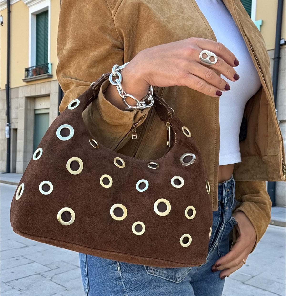 Brown Suede Shoulder Bag with Gold Eyelets