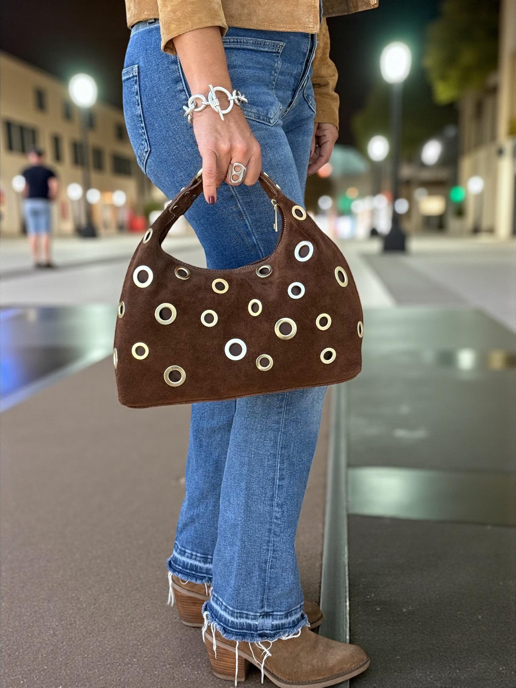 Brown Suede Shoulder Bag with Gold Eyelets