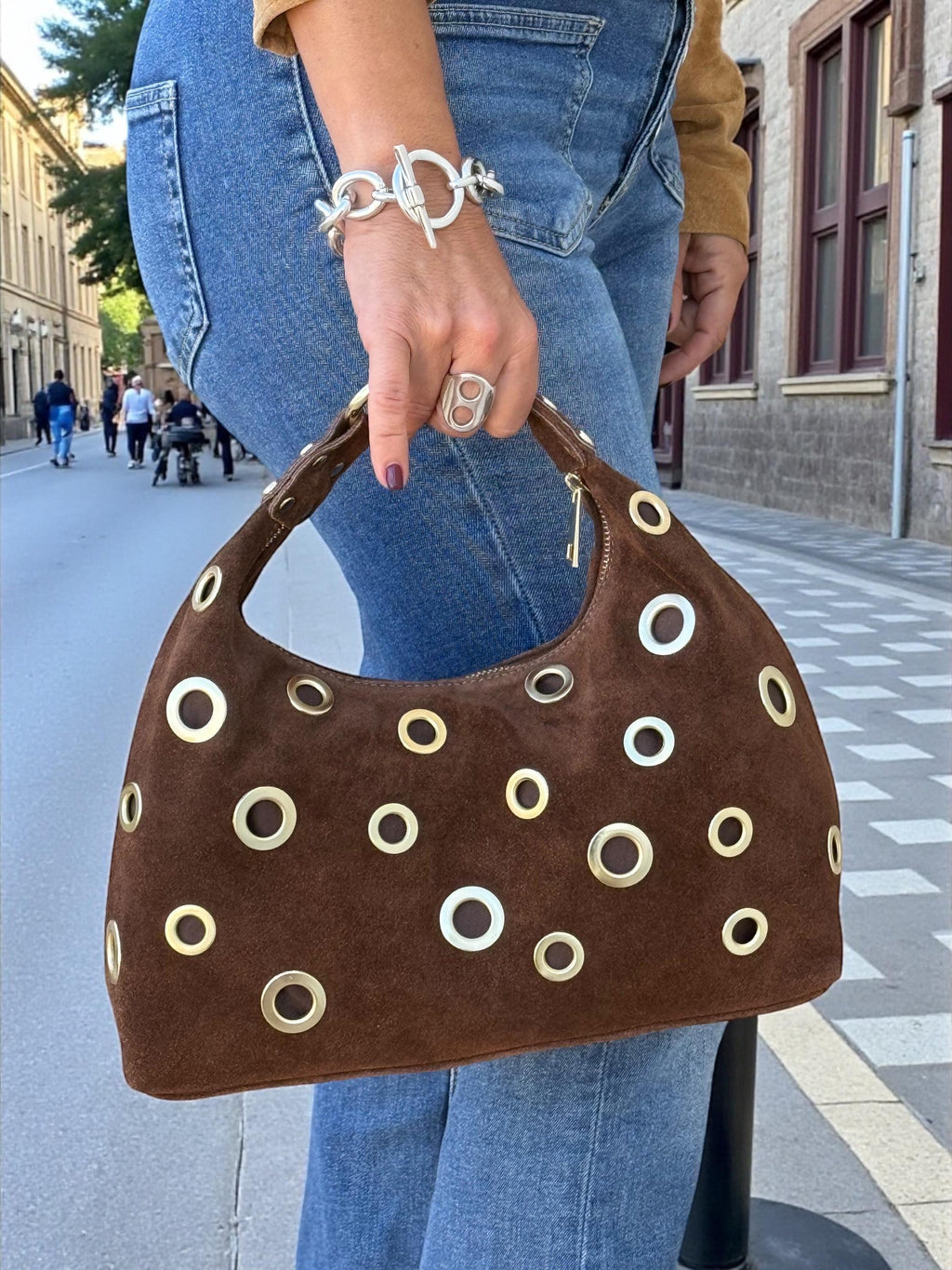 Brown Suede Shoulder Bag with Gold Eyelets