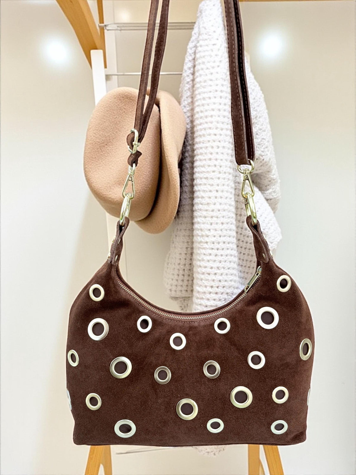 Brown Suede Shoulder Bag with Gold Eyelets