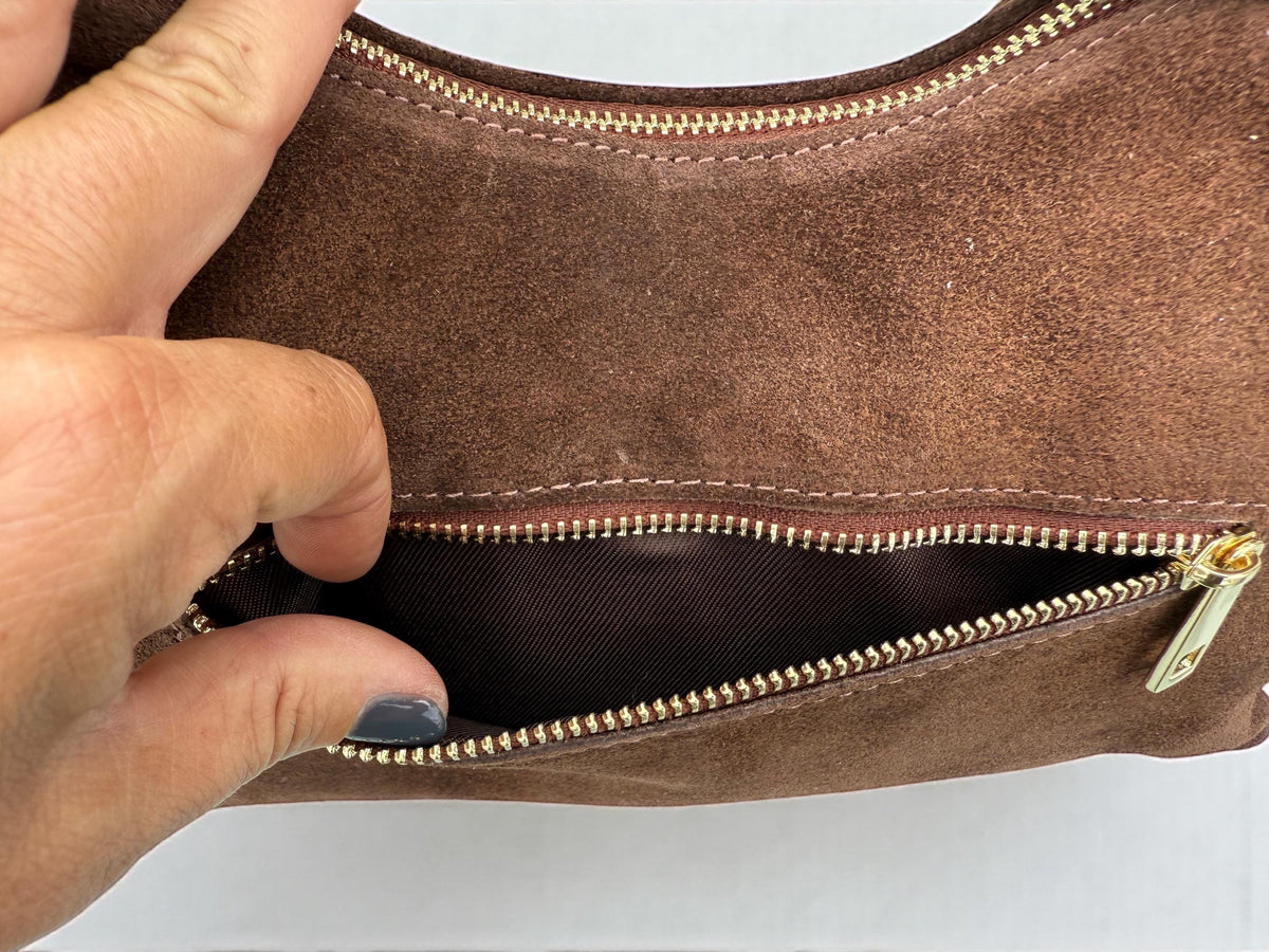 Brown Suede Shoulder Bag with Gold Eyelets