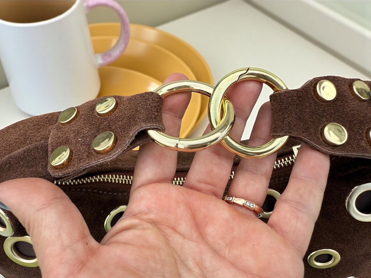Brown Suede Shoulder Bag with Gold Eyelets