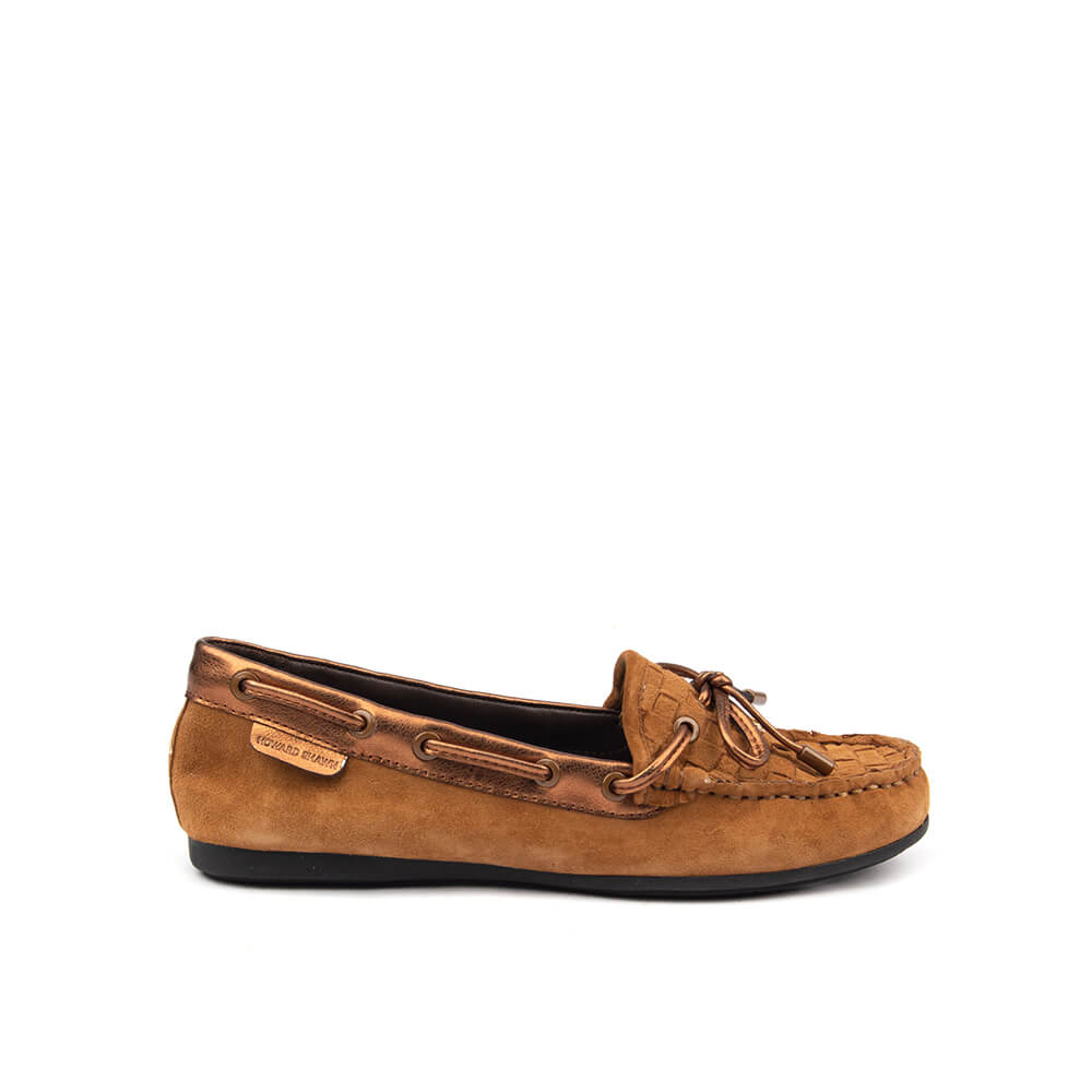 Howard Shawn Women's Woven Suede Moccasin Loafers – Intrecciato Boat Shoe Flat with Bow