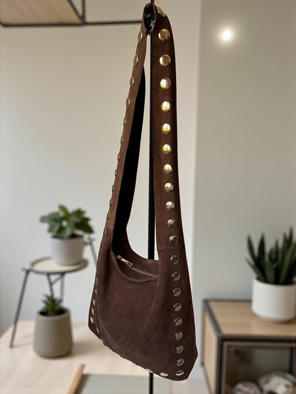 Large Studded Suede Shoulder Bag | Gold-Studded Boho Hobo Bag