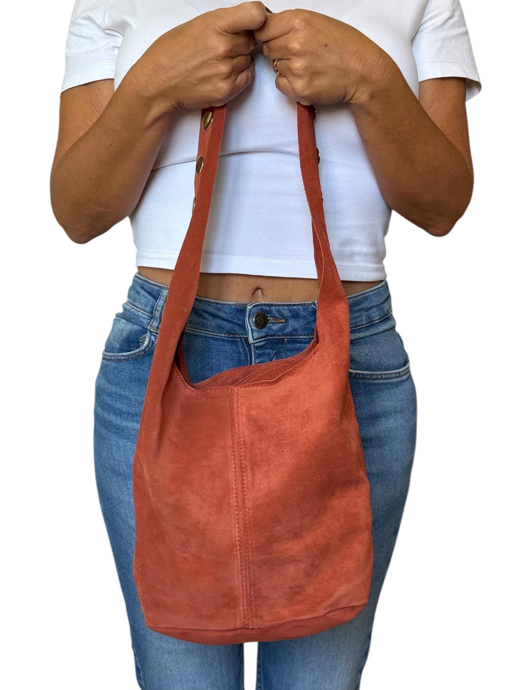 Suede Shoulder Bag with Oversized Studs | Terracotta Italian Handbag