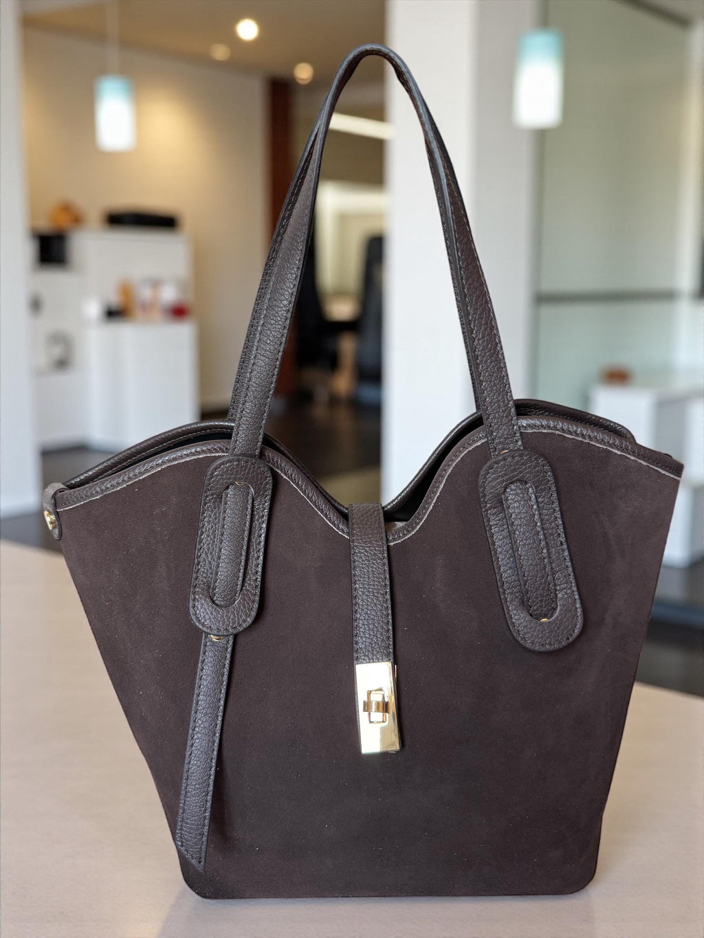 Brown Leather & Suede Trapezoid Shopper | Handcrafted Italian Work Tote
