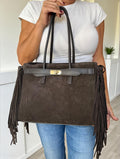 Dark Brown Suede Fringe Handbag | Italian Leather Boho Tote