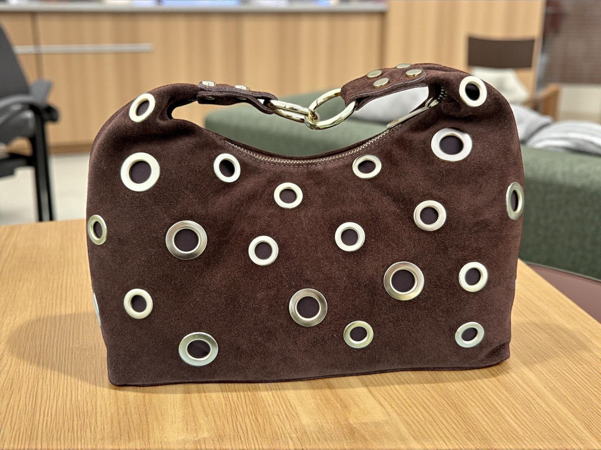 Brown Suede Shoulder Bag with Gold Eyelets