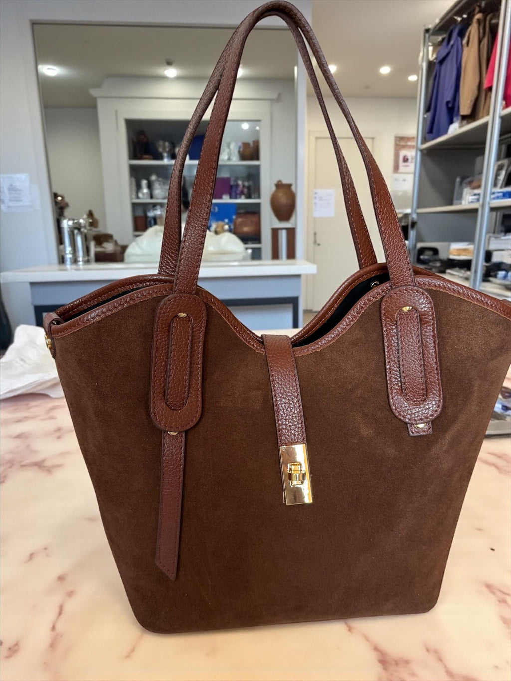 Brown Leather & Suede Trapezoid Shopper | Handcrafted Italian Work Tote