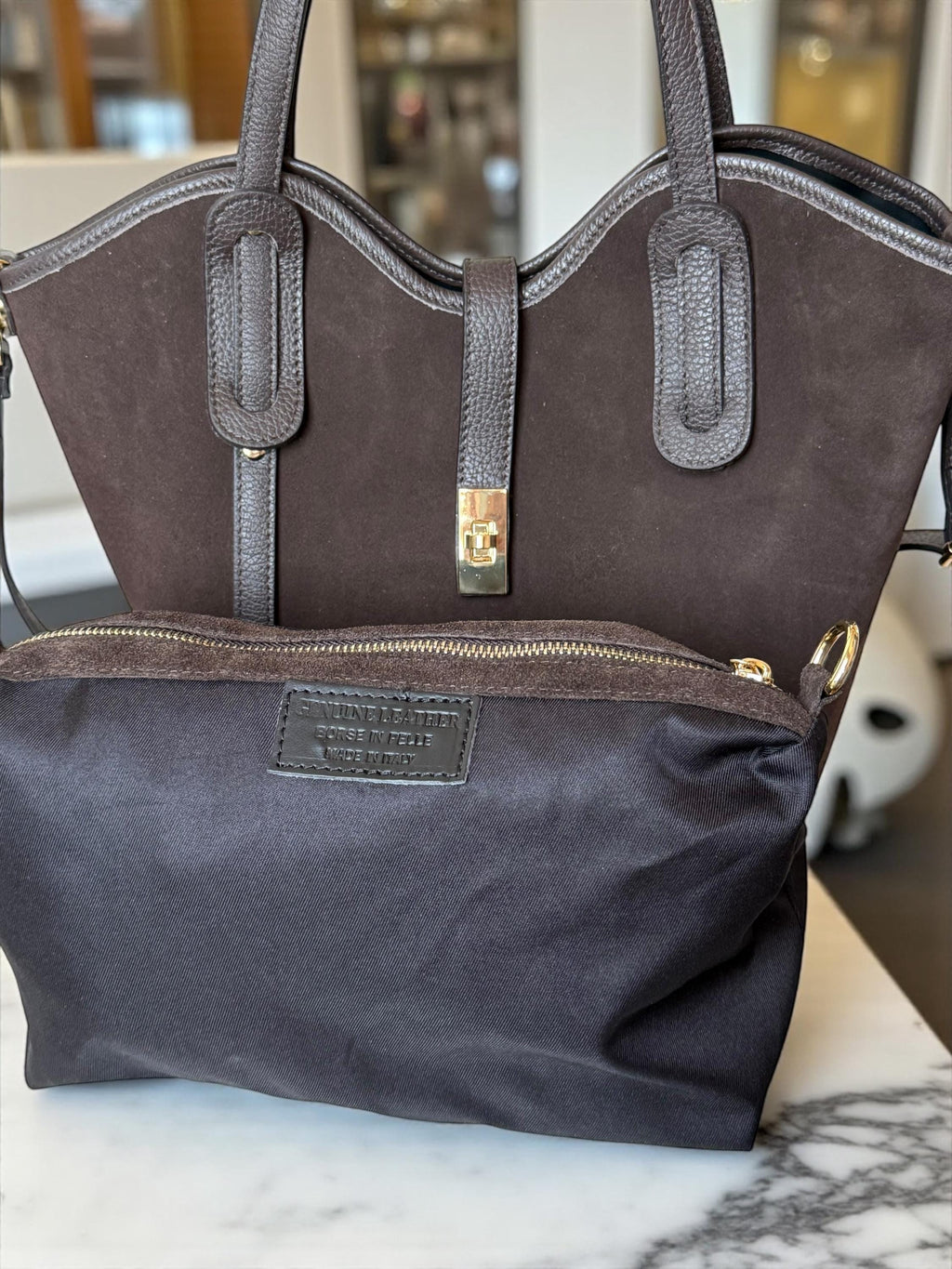 Brown Leather & Suede Trapezoid Shopper | Handcrafted Italian Work Tote