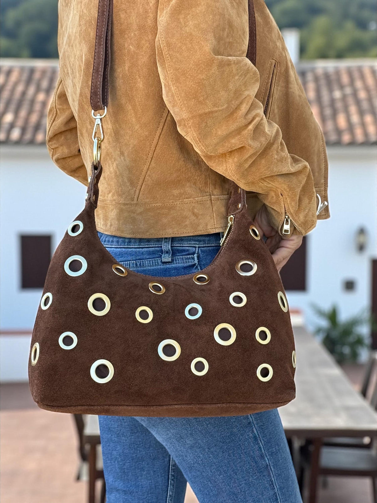 Brown Suede Shoulder Bag with Gold Eyelets