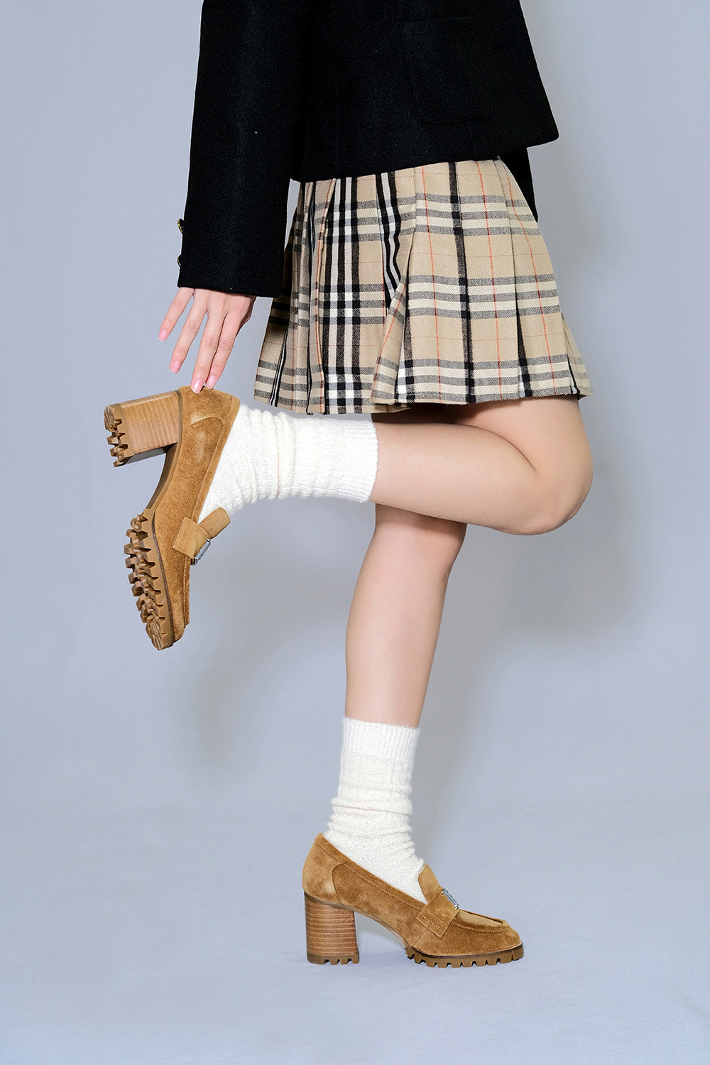 Elegant Brown Suede Loafers with 7.5cm Chunky Heel