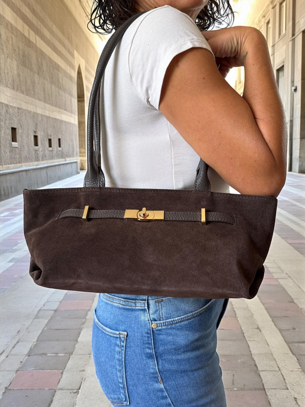 Dark Brown Genuine Suede Baguette