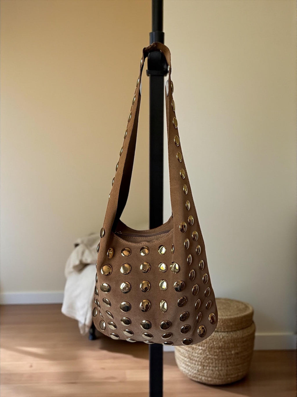 Extra Soft and Flexible Suede Shoulder Bag with Gold Studs