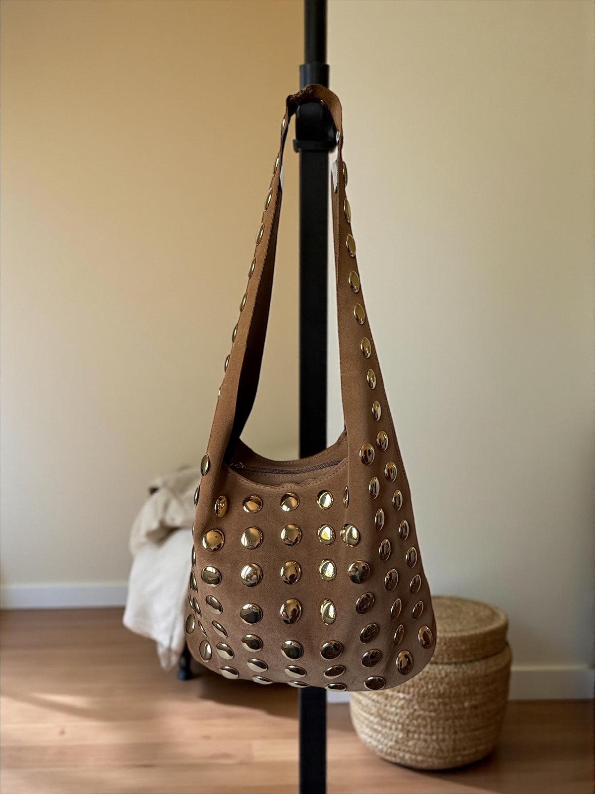 Extra Soft and Flexible Suede Shoulder Bag with Gold Studs