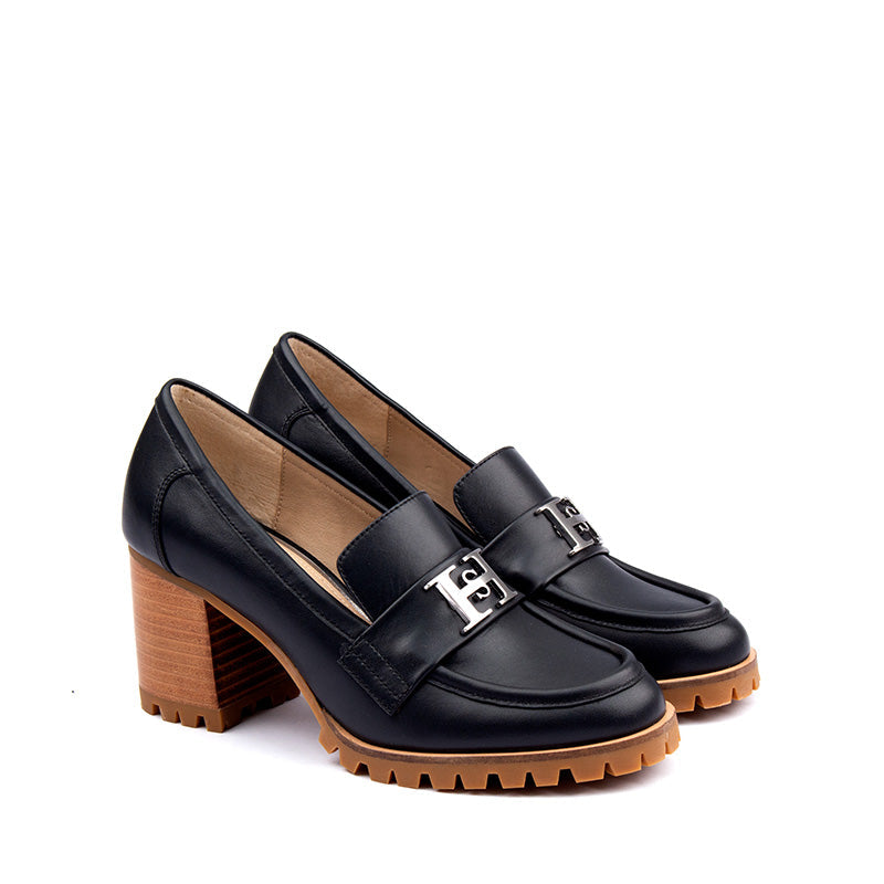 Elegant Black Leather Loafers with 7.5cm Chunky Heel