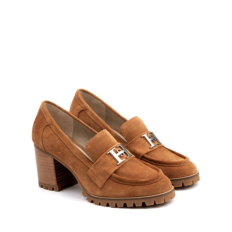 Elegant Brown Suede Loafers with 7.5cm Chunky Heel