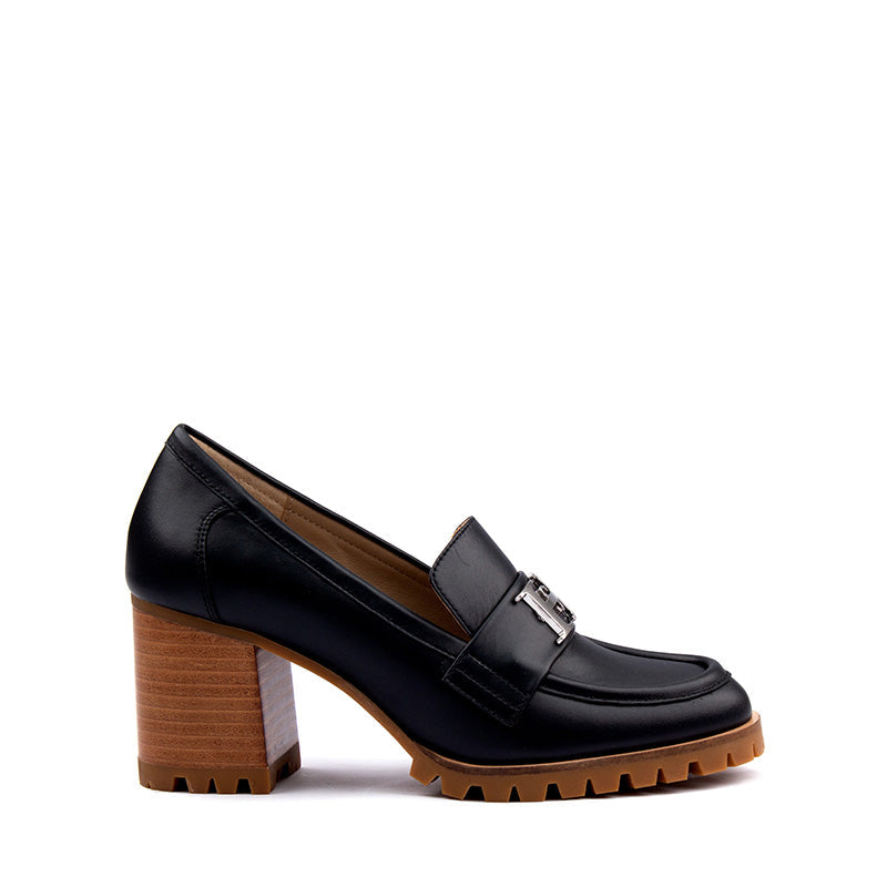 Elegant Black Leather Loafers with 7.5cm Chunky Heel