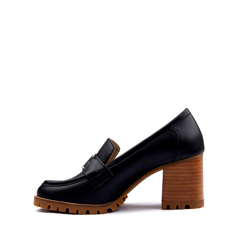 Elegant Black Leather Loafers with 7.5cm Chunky Heel