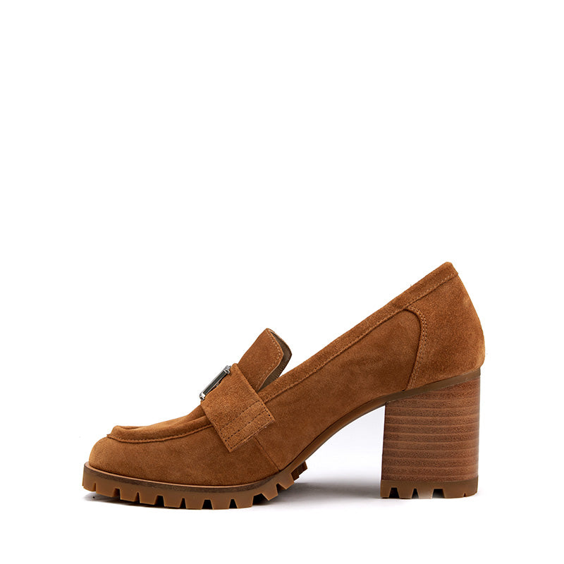 Elegant Brown Suede Loafers with 7.5cm Chunky Heel