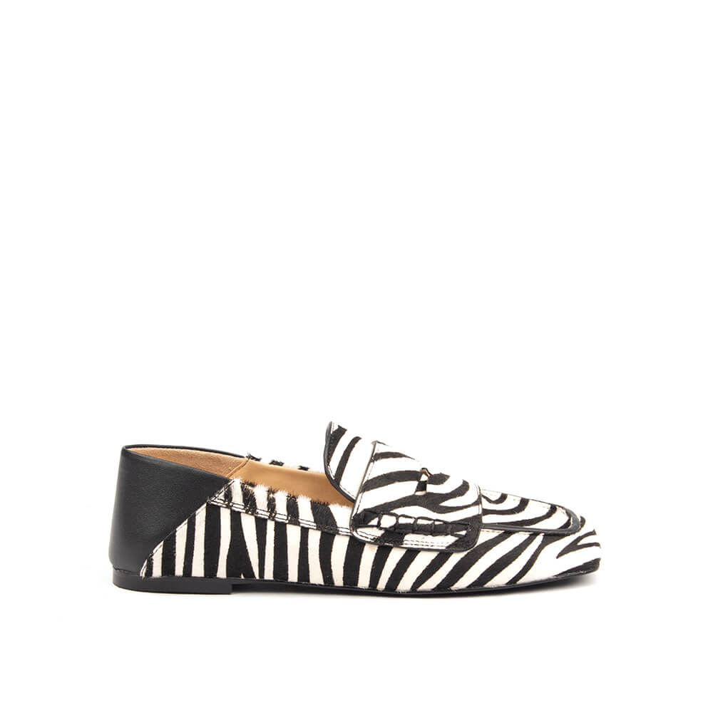 Women's Zebra Print Loafers — Animal Print Flat Shoes, Pony Hair Slip-On Loafers for Women, Trendy Designer-Style Flats
