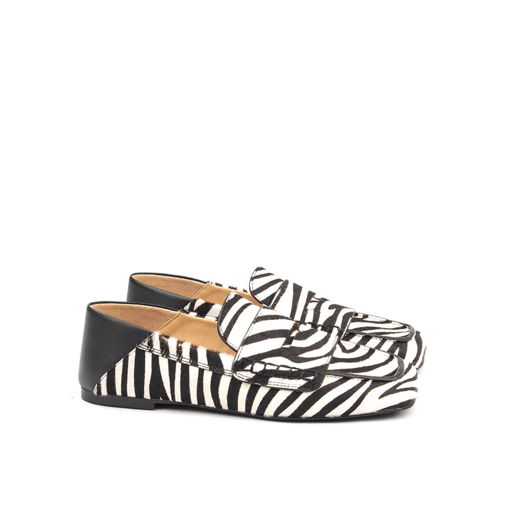 Women's Zebra Print Loafers — Animal Print Flat Shoes, Pony Hair Slip-On Loafers for Women, Trendy Designer-Style Flats