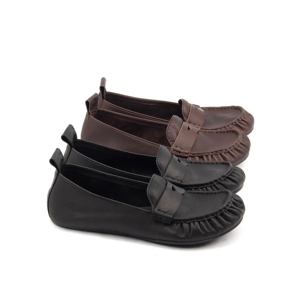 Women's Leather Penny Loafers — Soft Genuine Leather Slip-On Flat Moccasin Shoes, Comfortable Everyday Loafer Flats for Women