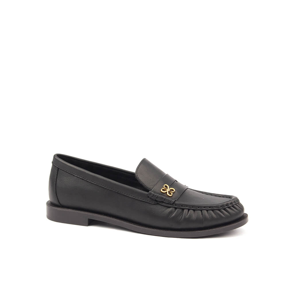 Women's Leather Penny Loafers with Gold Floral Logo Detail