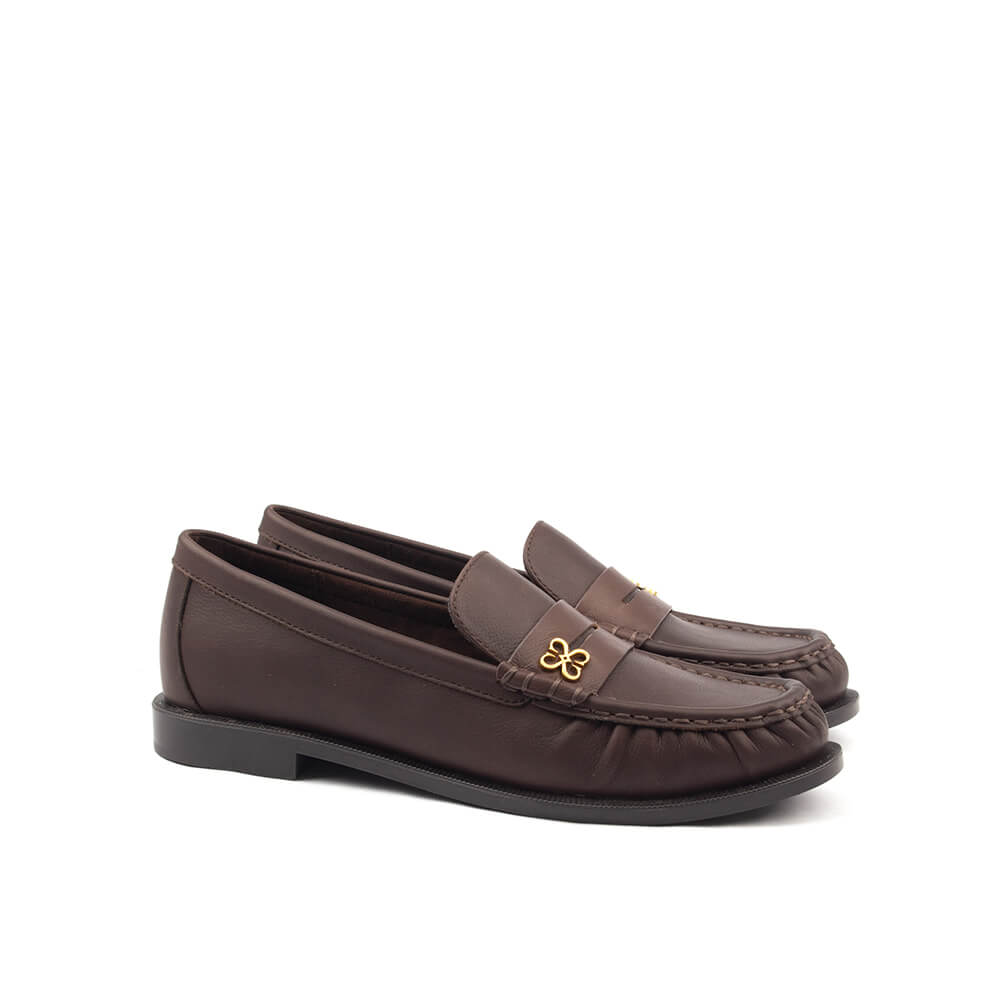Women's Leather Penny Loafers with Gold Floral Logo Detail