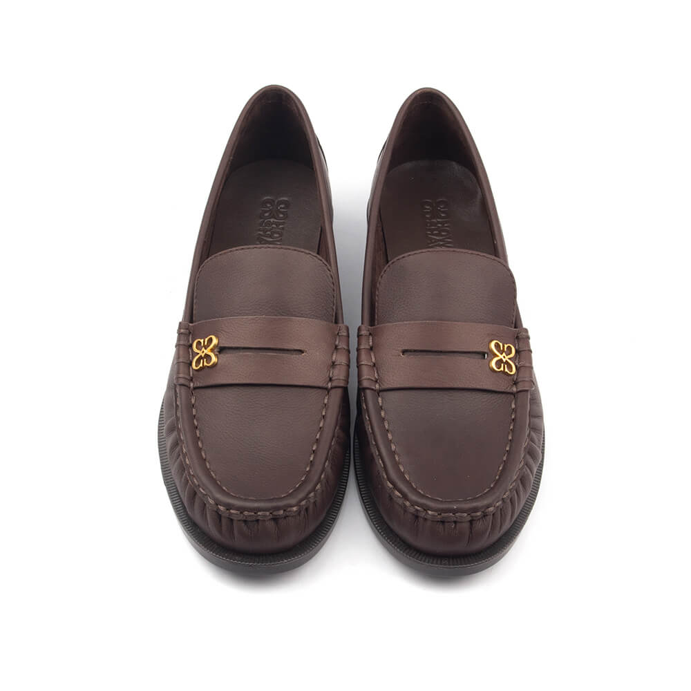 Women's Leather Penny Loafers with Gold Floral Logo Detail