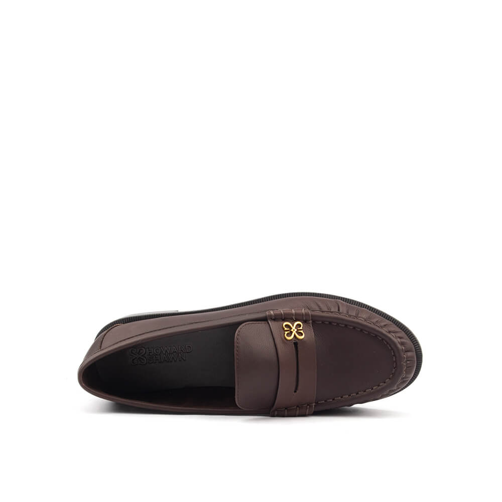 Women's Leather Penny Loafers with Gold Floral Logo Detail