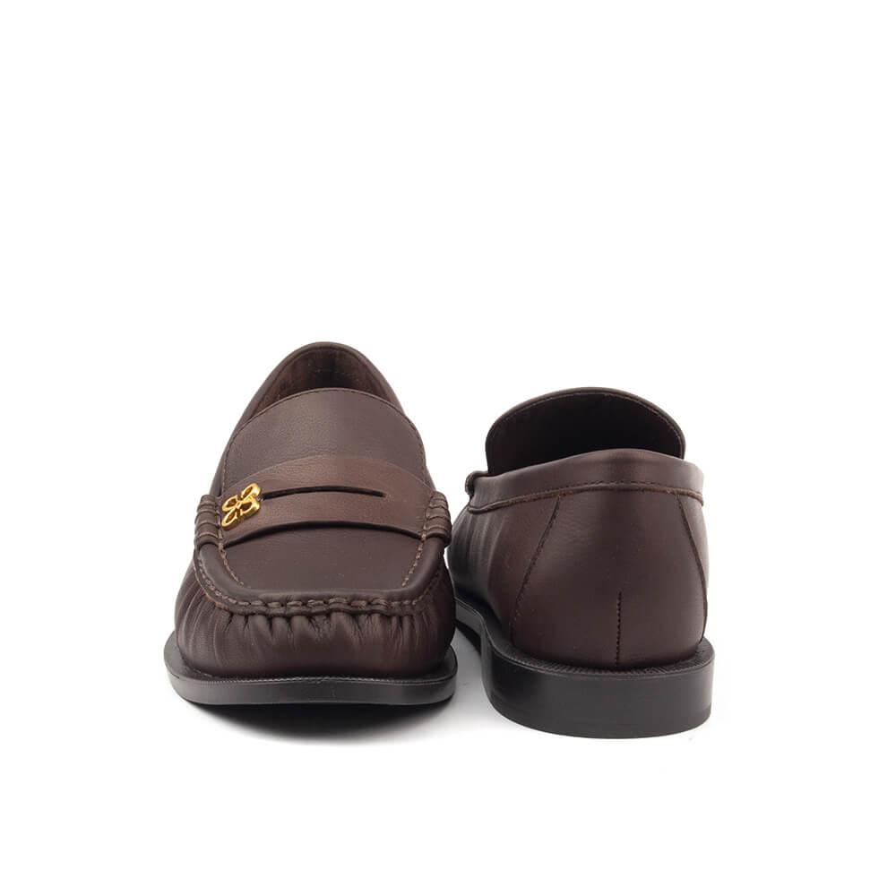 Women's Leather Penny Loafers with Gold Floral Logo Detail