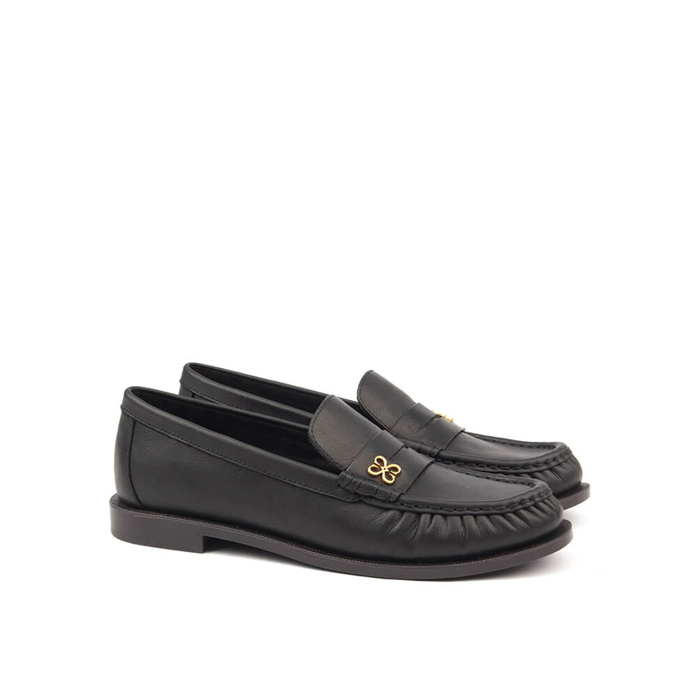 Women's Leather Penny Loafers with Gold Floral Logo Detail