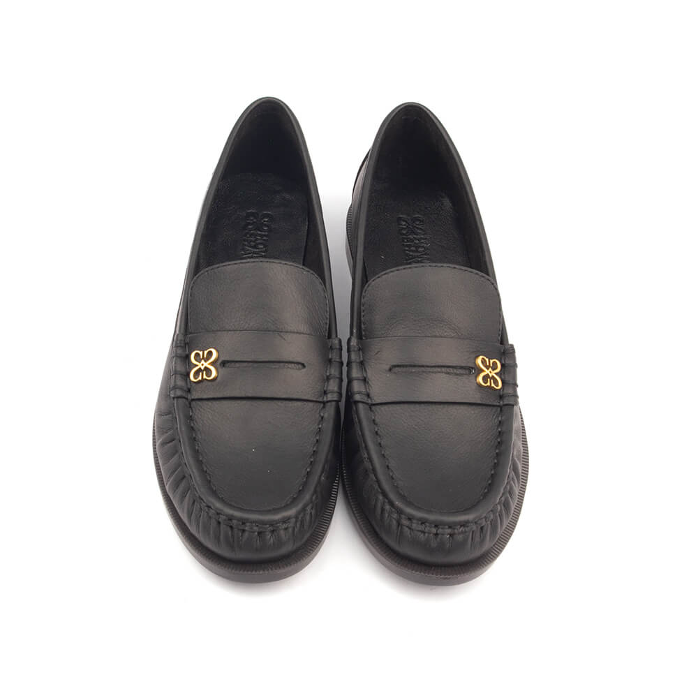 Women's Leather Penny Loafers with Gold Floral Logo Detail