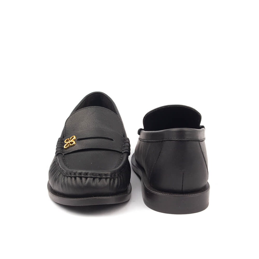Women's Leather Penny Loafers with Gold Floral Logo Detail
